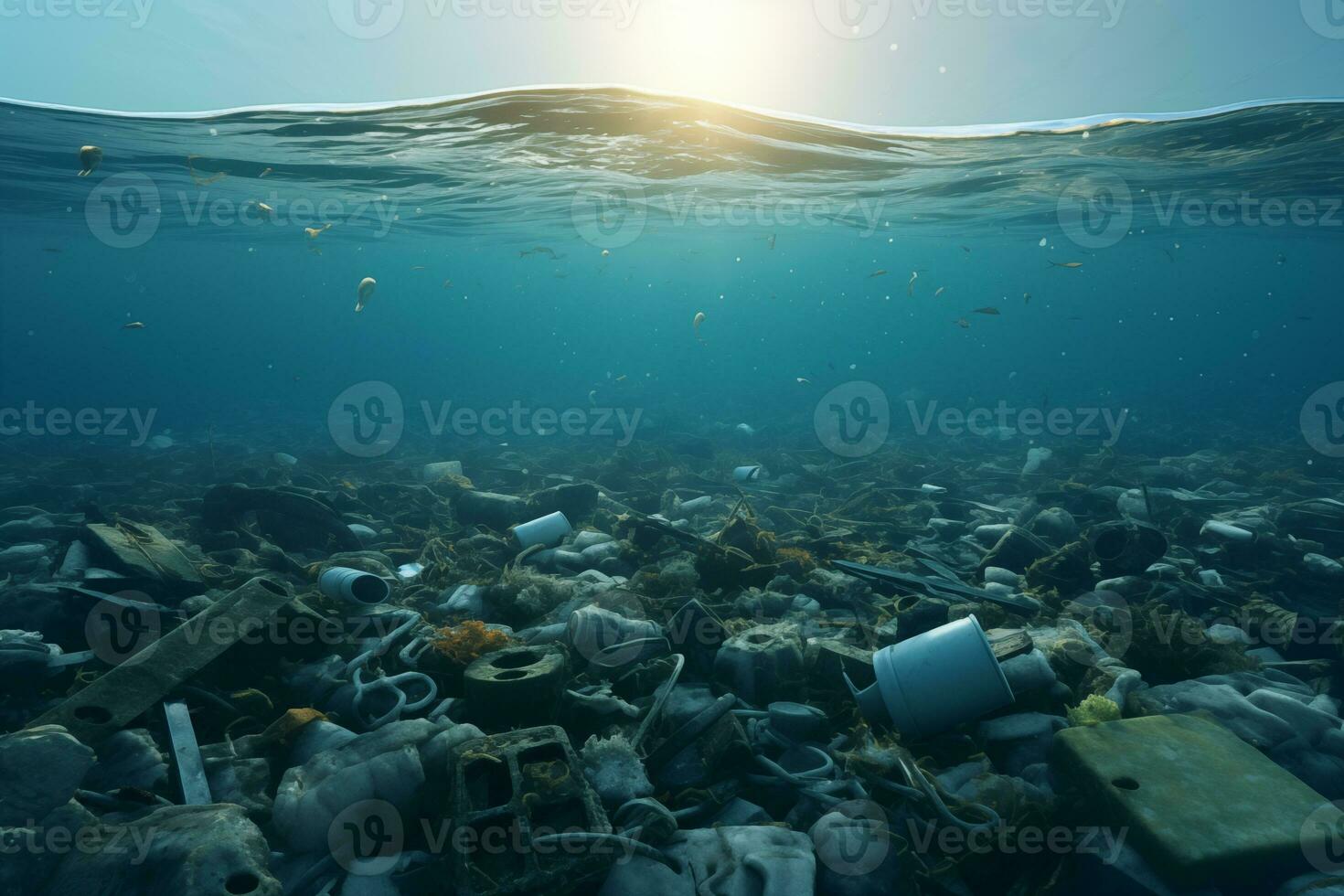 AI Generated Environmental problem of plastic rubbish pollution in ocean. Polluted seabed photo