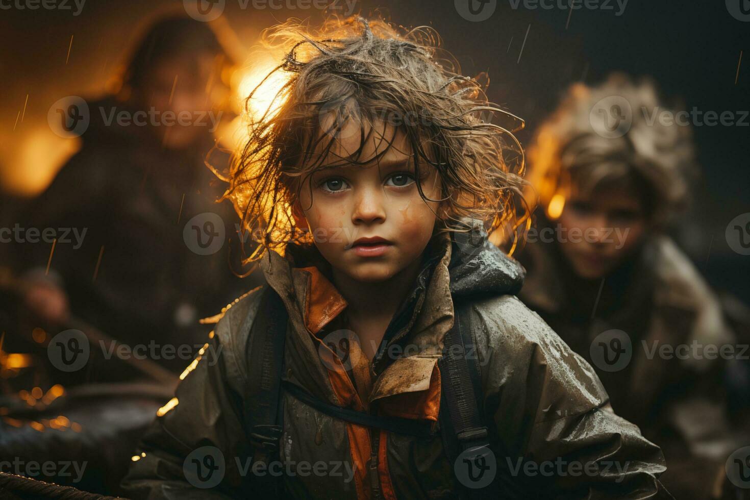 AI Generated Little girl migrants on the boar waiting border crossings at night. Refugees concept photo