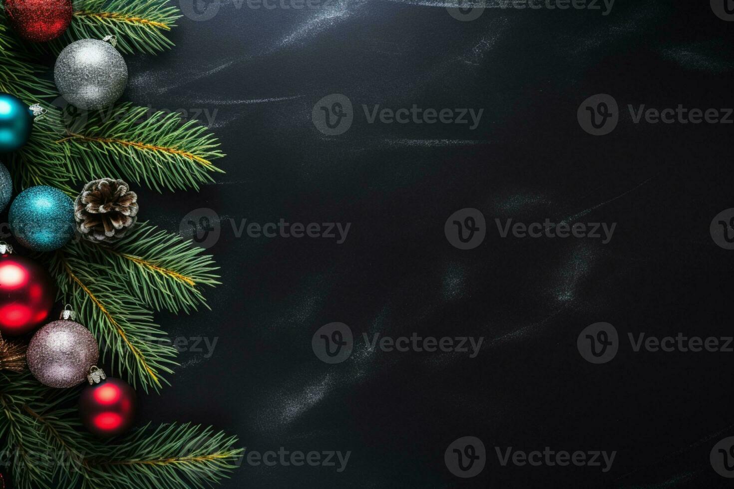 AI generated christmas holidays composition of fir tree branches with baubles copy space photo