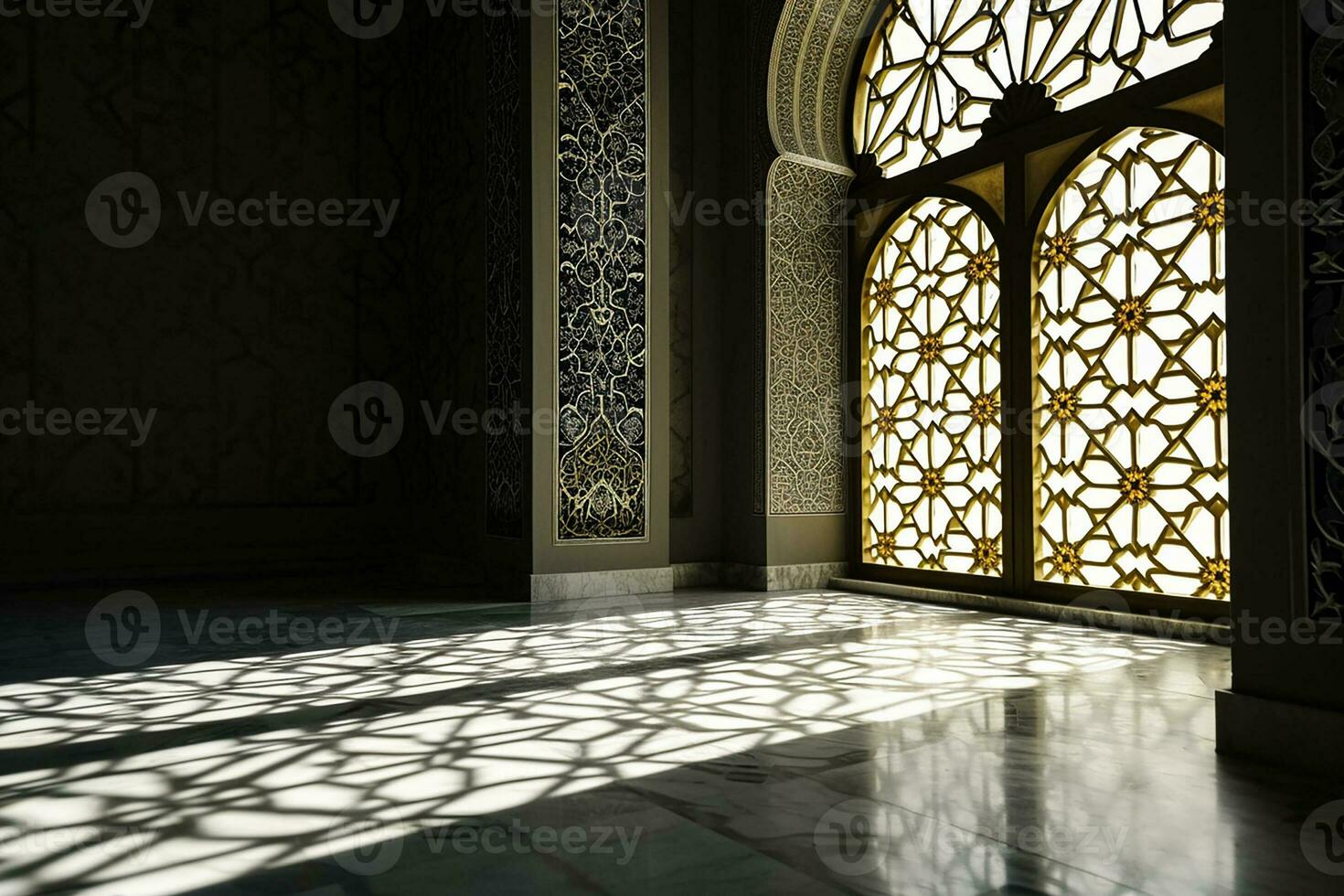 AI generated Islamic background light with mosque window ornament scene photo