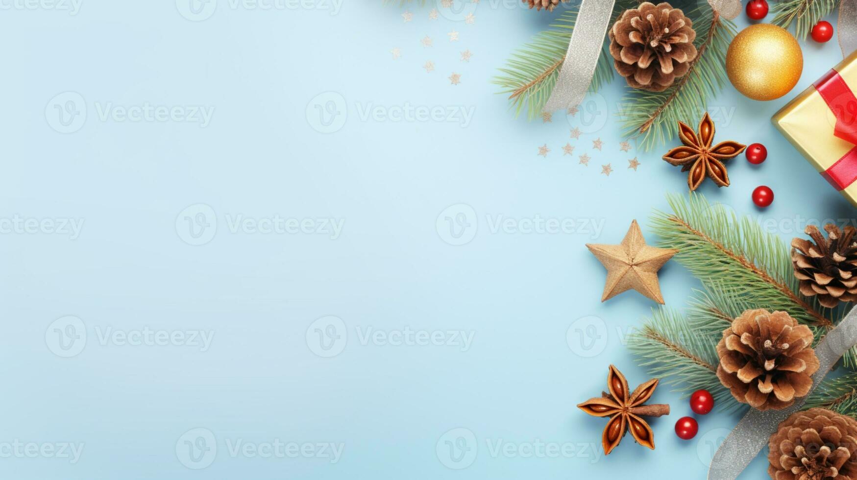 AI generated christmas holidays composition of green fir tree branches with gifts copy space photo