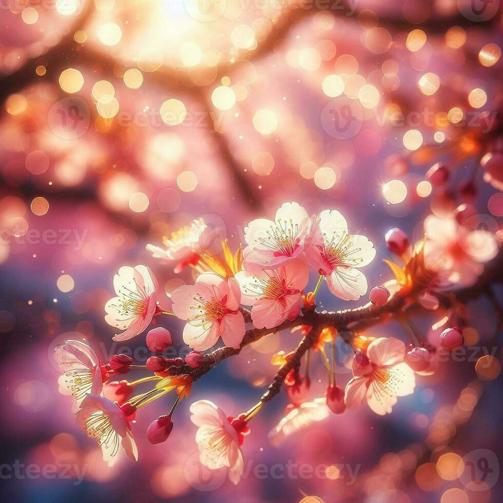 AI generated Hyper realistic Sakura Cherry Blossom Tree Leaves Japanese Festival Morning Dew Osaka Tokyo photo