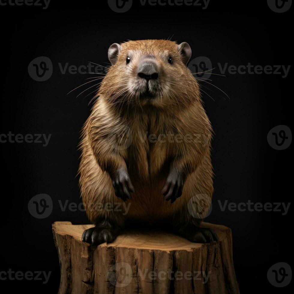 AI generated Studio portrait, beaver on stump close-up on black background. A large, cute rodent. Totem animal beaver on black background. photo
