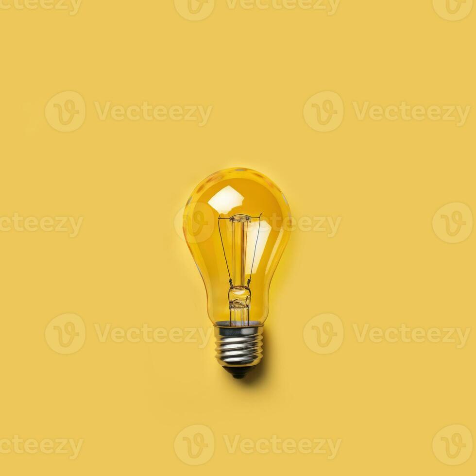 AI generated Yellow light bulb on a yellow background. Artificial light source. Minimalism concept. Idea light bulb concept - top view. photo