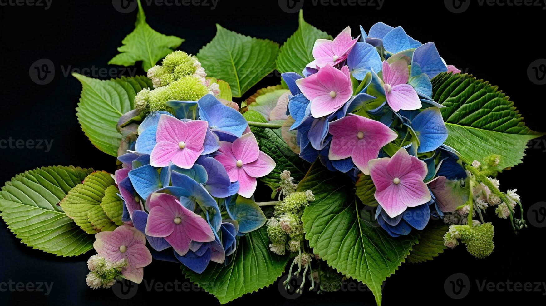 AI generated Blue and pink hydrangea flowers with green leaves on black background. photo