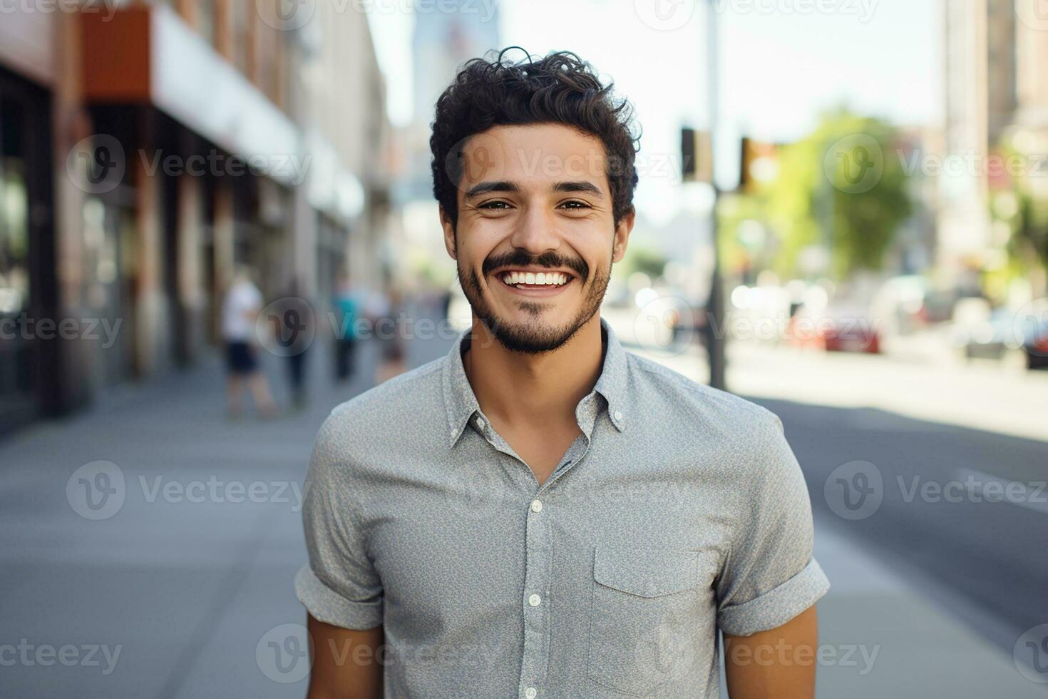 AI generated smiling Caucasian man at street photo