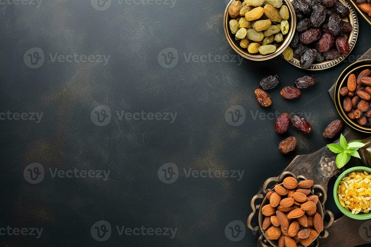 AI generated top view of dates and iftar items still life photo