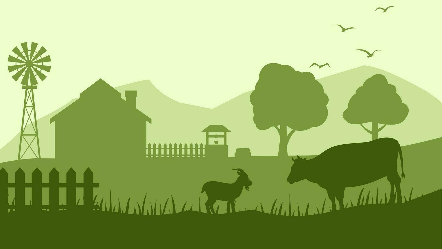 Farmland landscape vector illustration. Countryside silhouette with livestock cow and goat. Rural agriculture landscape for illustration, background or wallpaper