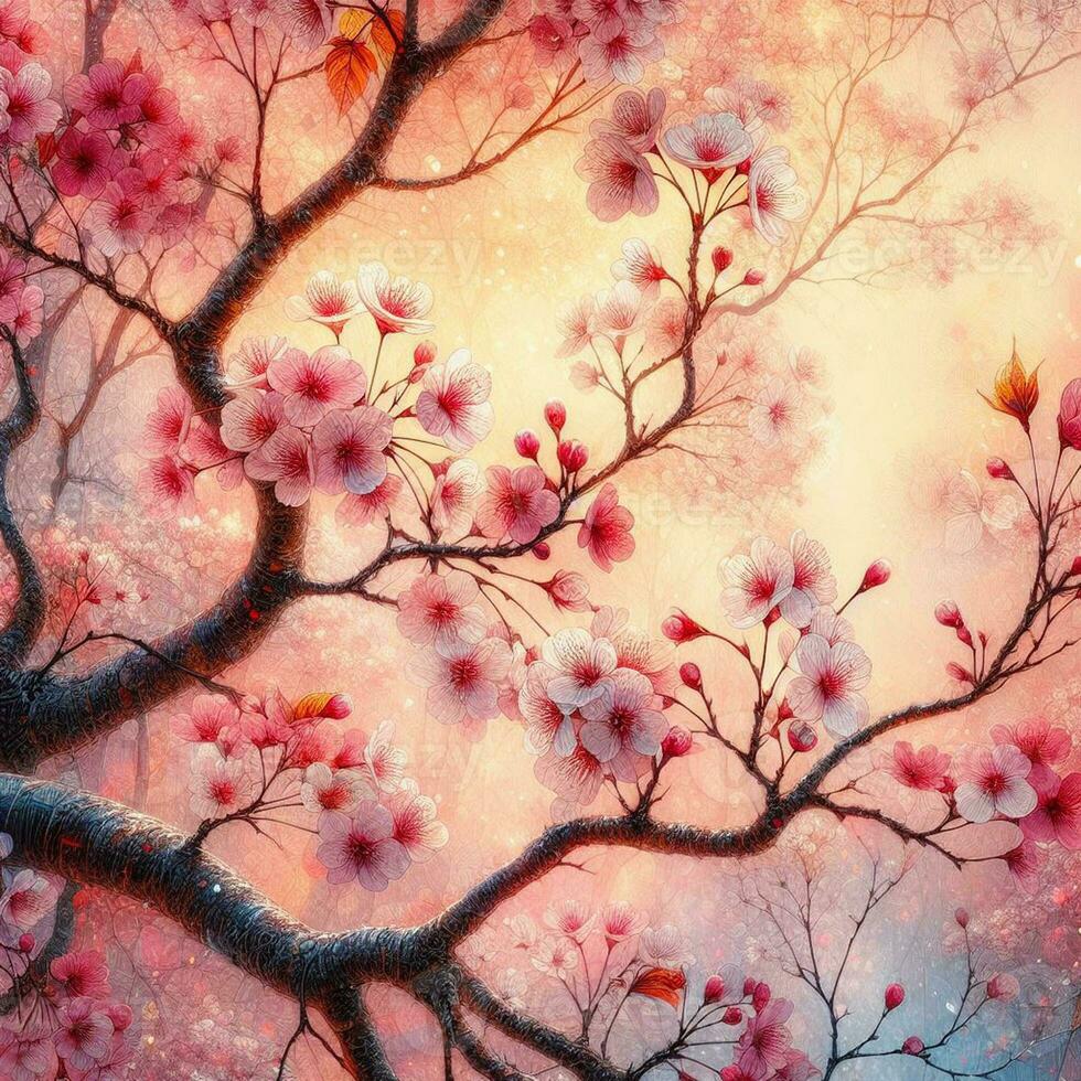 ai generado hiper realista sakura Cereza florecer árbol hojas japonés festival Mañana Rocío Osaka tokio foto
