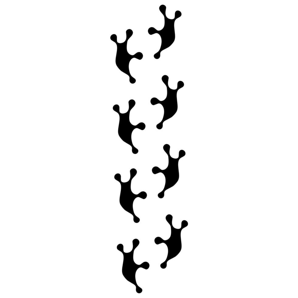 A pair of footprints of a jumping frog on a white background. The frog's legs are black. amphibious animal jumping path. vector