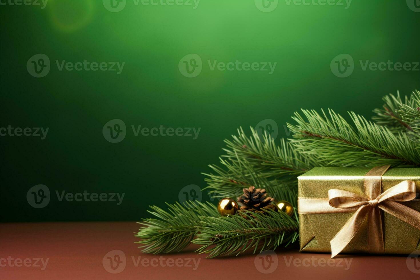 AI generated green gift box with Christmas ornament on green background photo