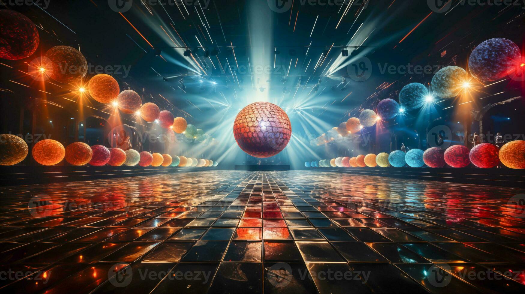 AI generated Concert hall disco 80s. A shimmering disco ball, neon lights, colorful stage photo