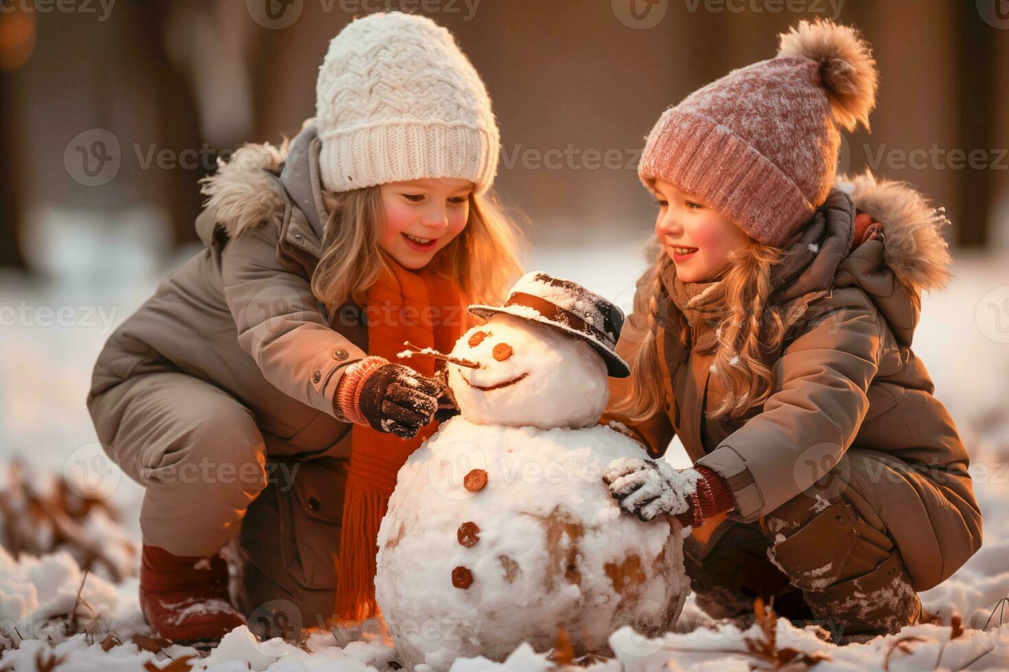 ai generado niños construir monigote de nieve fuera de en que cae nieve foto