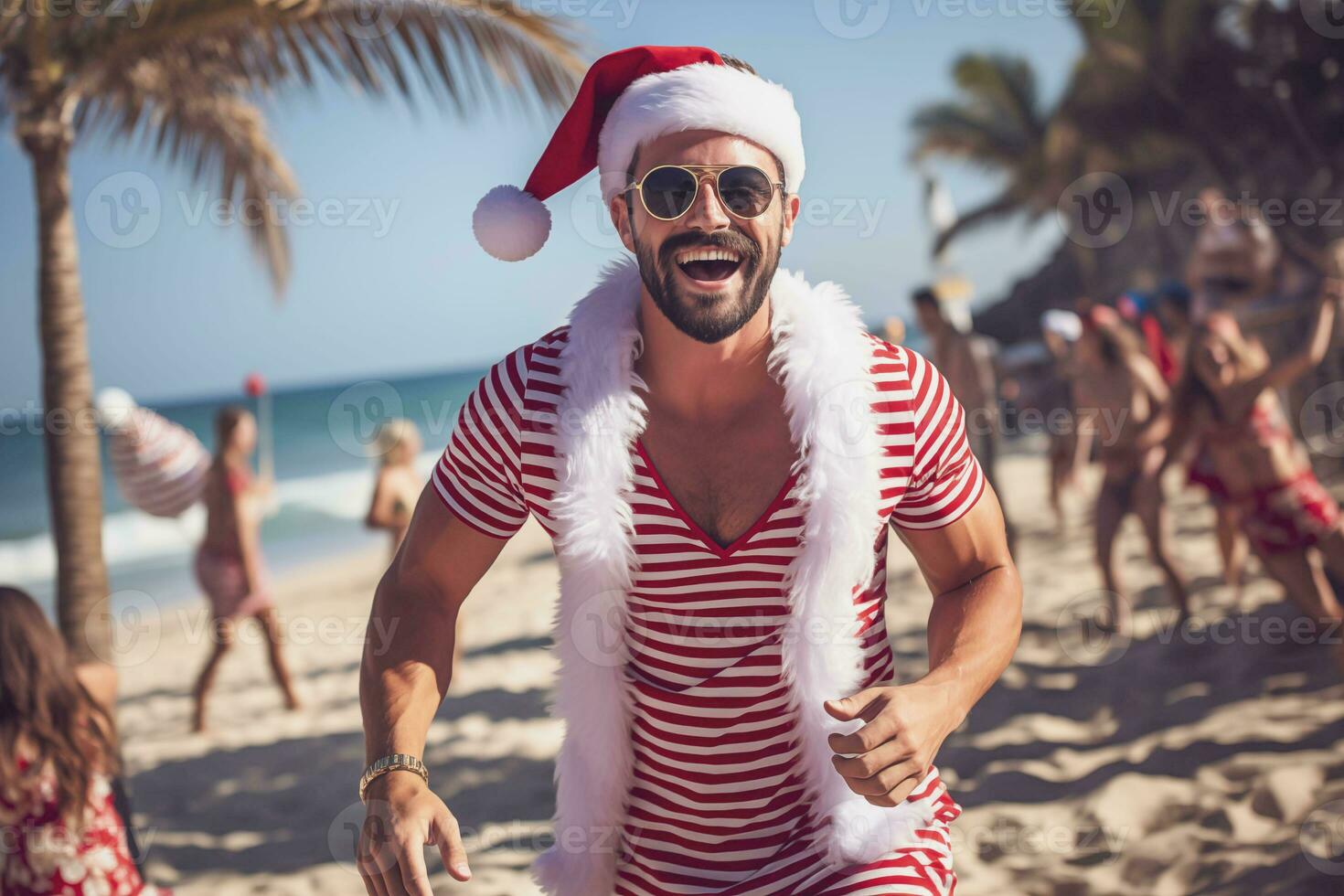 ai generado atractivo muscular joven hombre vistiendo un Papa Noel claus prenda corriendo a playa y sonriente a el cámara foto