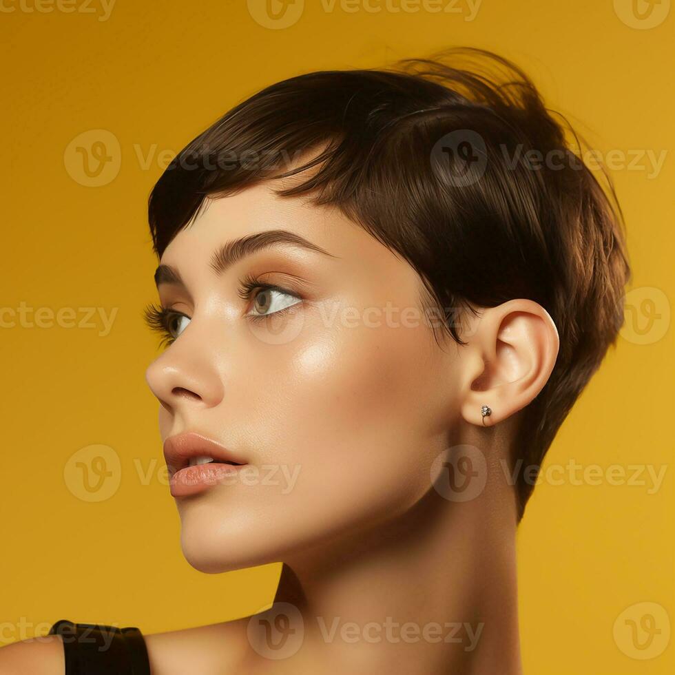 ai generado de cerca Moda estudio foto de un elegante pelo castaño mujer con un de moda corto Corte de pelo aislado terminado amarillo antecedentes