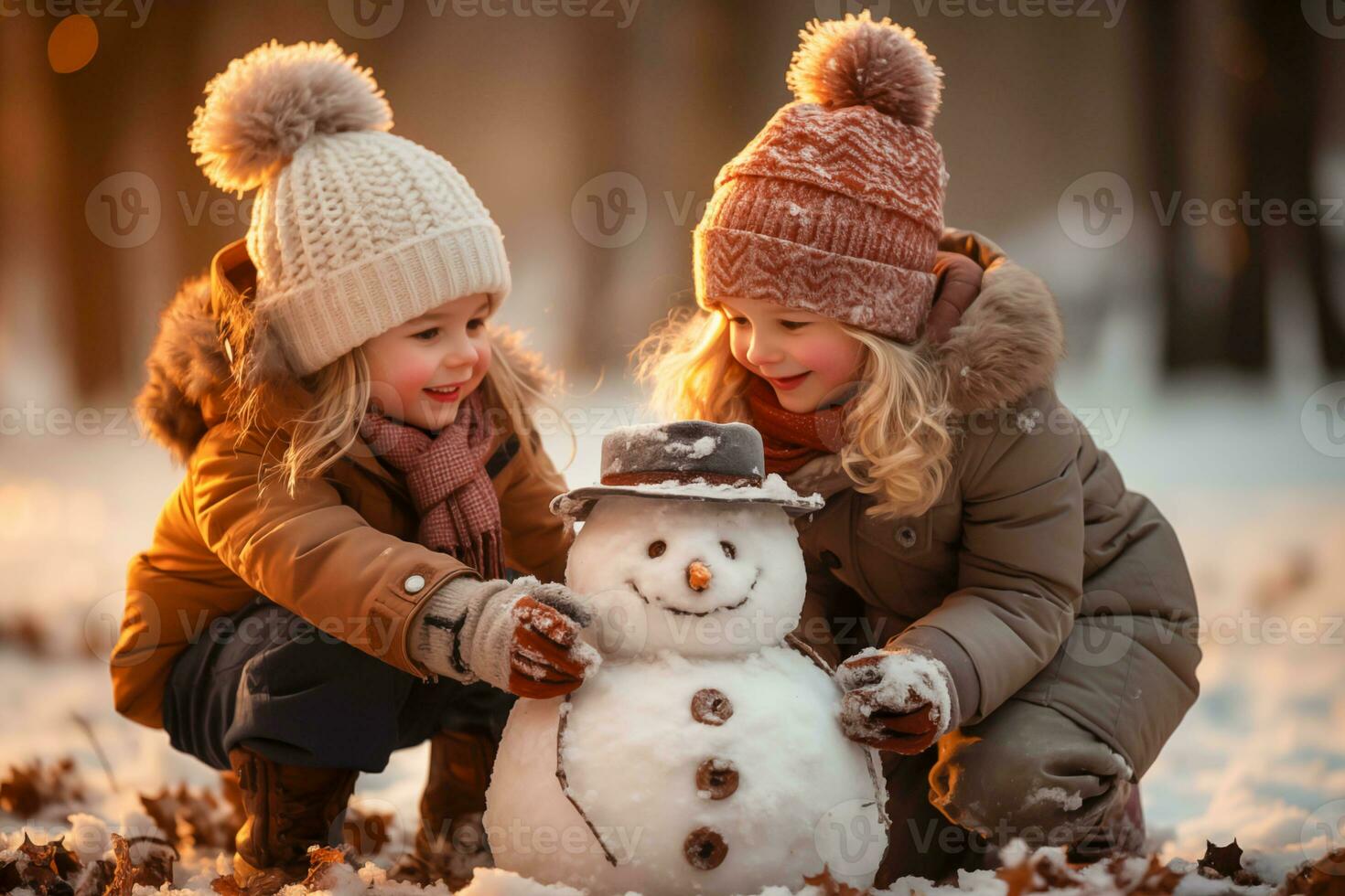 ai generado niños construir monigote de nieve fuera de en que cae nieve foto