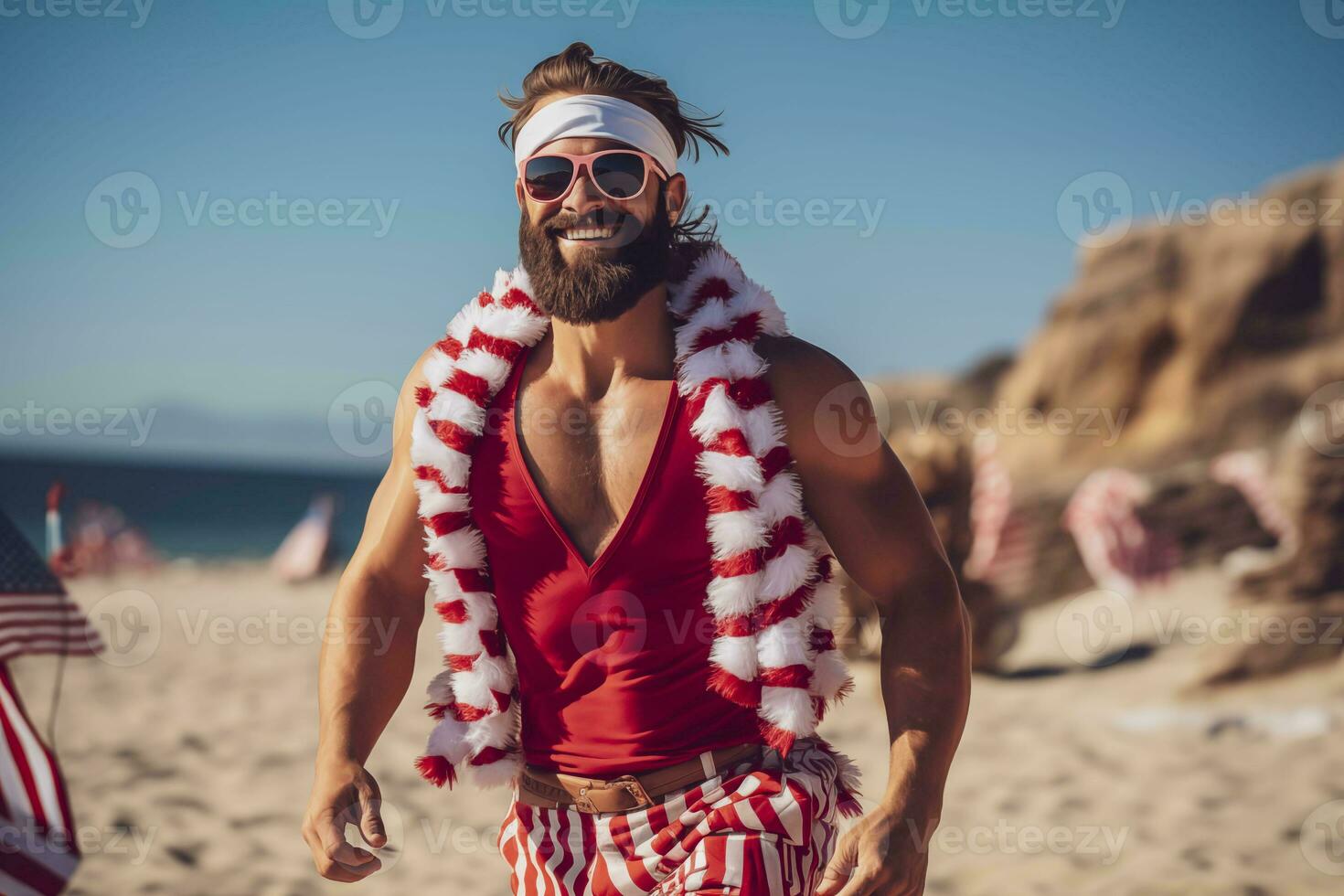 ai generado atractivo muscular joven hombre vistiendo un Papa Noel claus prenda corriendo a playa y sonriente a el cámara foto