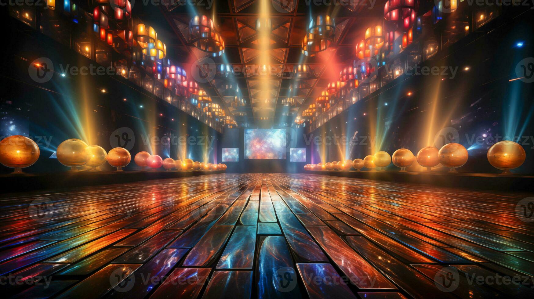 AI generated Concert hall disco 80s. A shimmering disco ball, neon lights, colorful stage photo