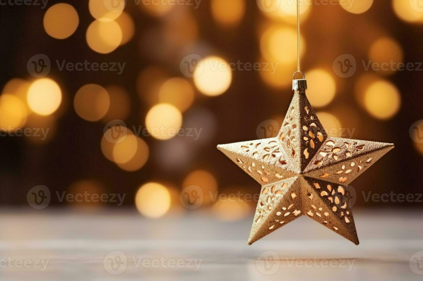 AI generated Selective focus shot of star ornament hanging on christmas tree photo