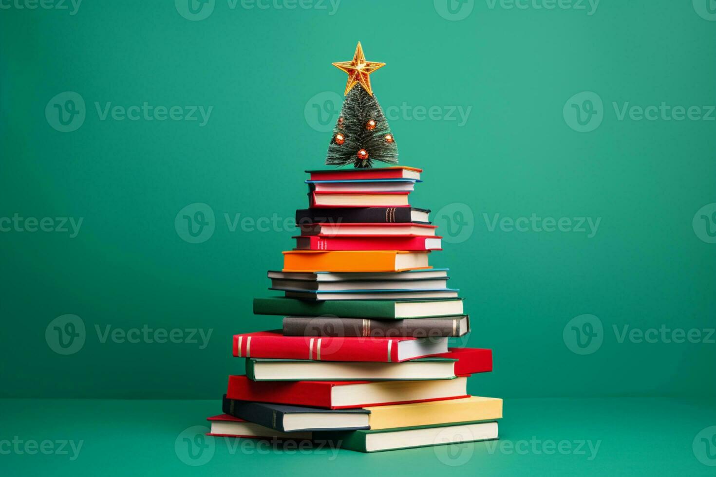 AI generated christmas tree made of books on green background photo
