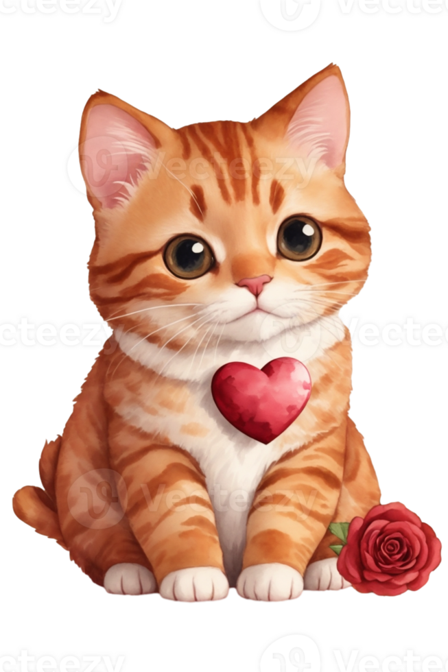 AI generated cute  red cat with a red heart graphics for lovers png