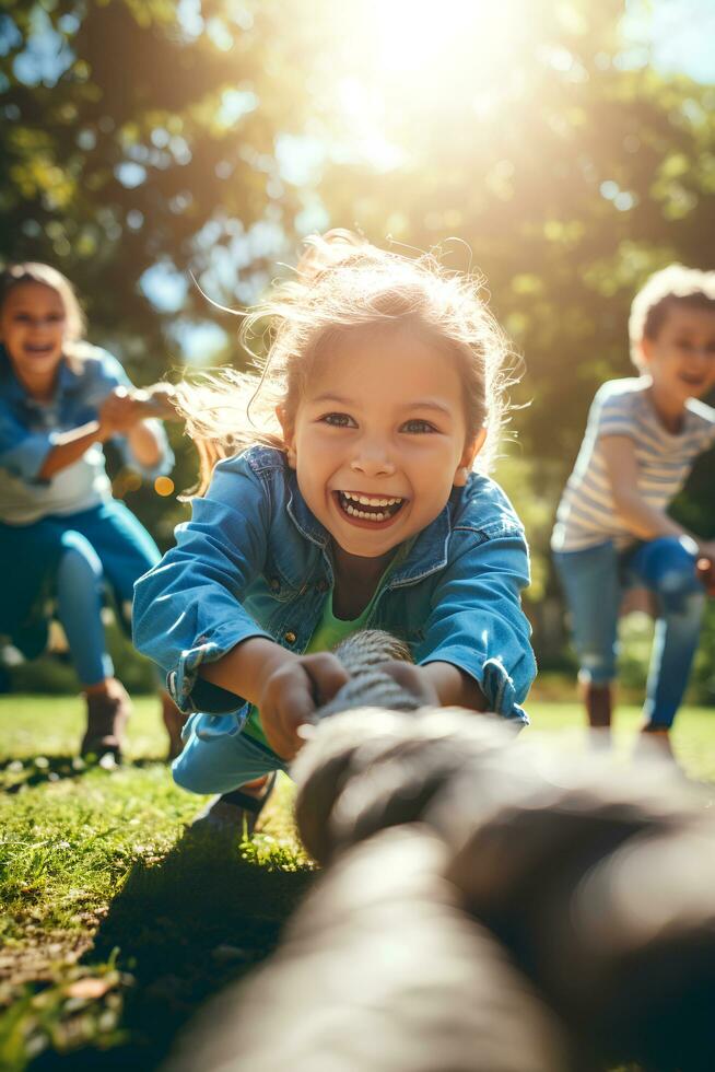 AI generated Tug of War Thrills Kid's Enthusiastic Participation in Outdoor Playtime Joy photo