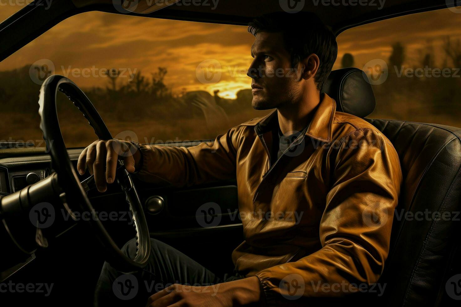 AI generated Radiant Cheerful middle eastern man in old retro car. Generate ai photo