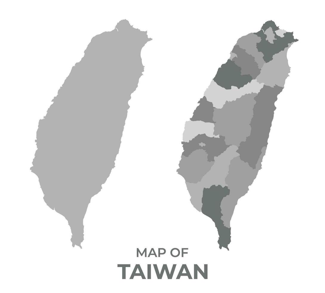 Greyscale vector map of Taiwan with regions and simple flat illustration