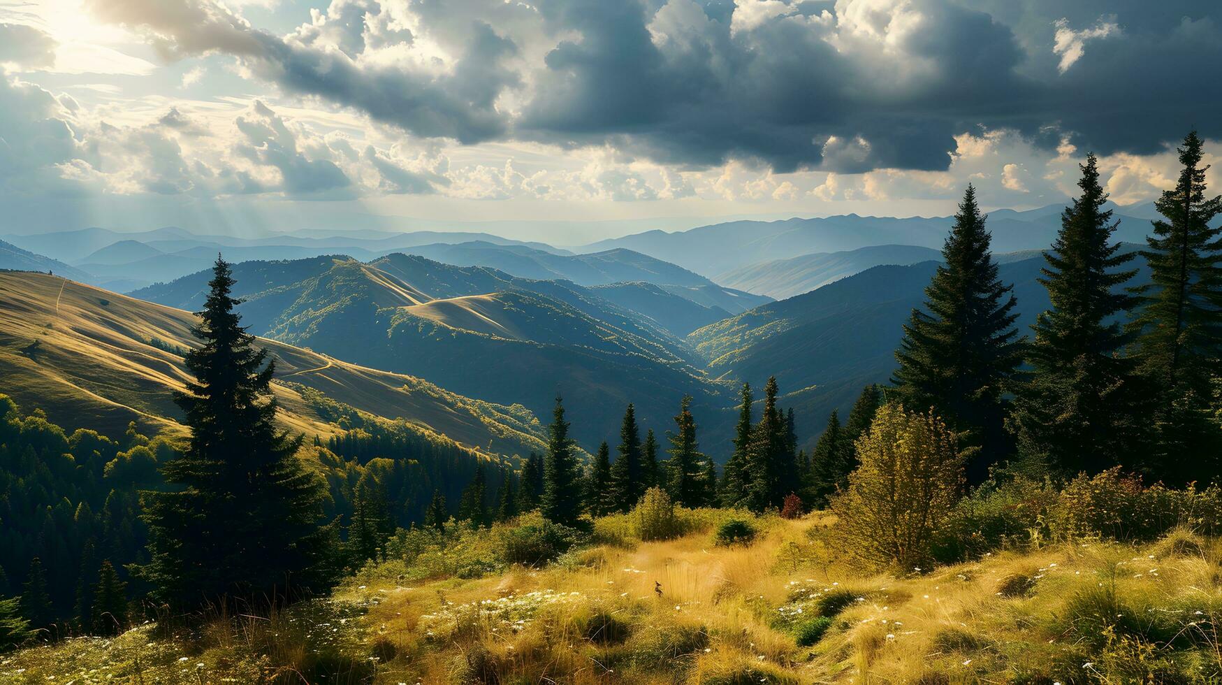 AI generated Golden Hour Splendor on Tranquil Mountain Trails photo