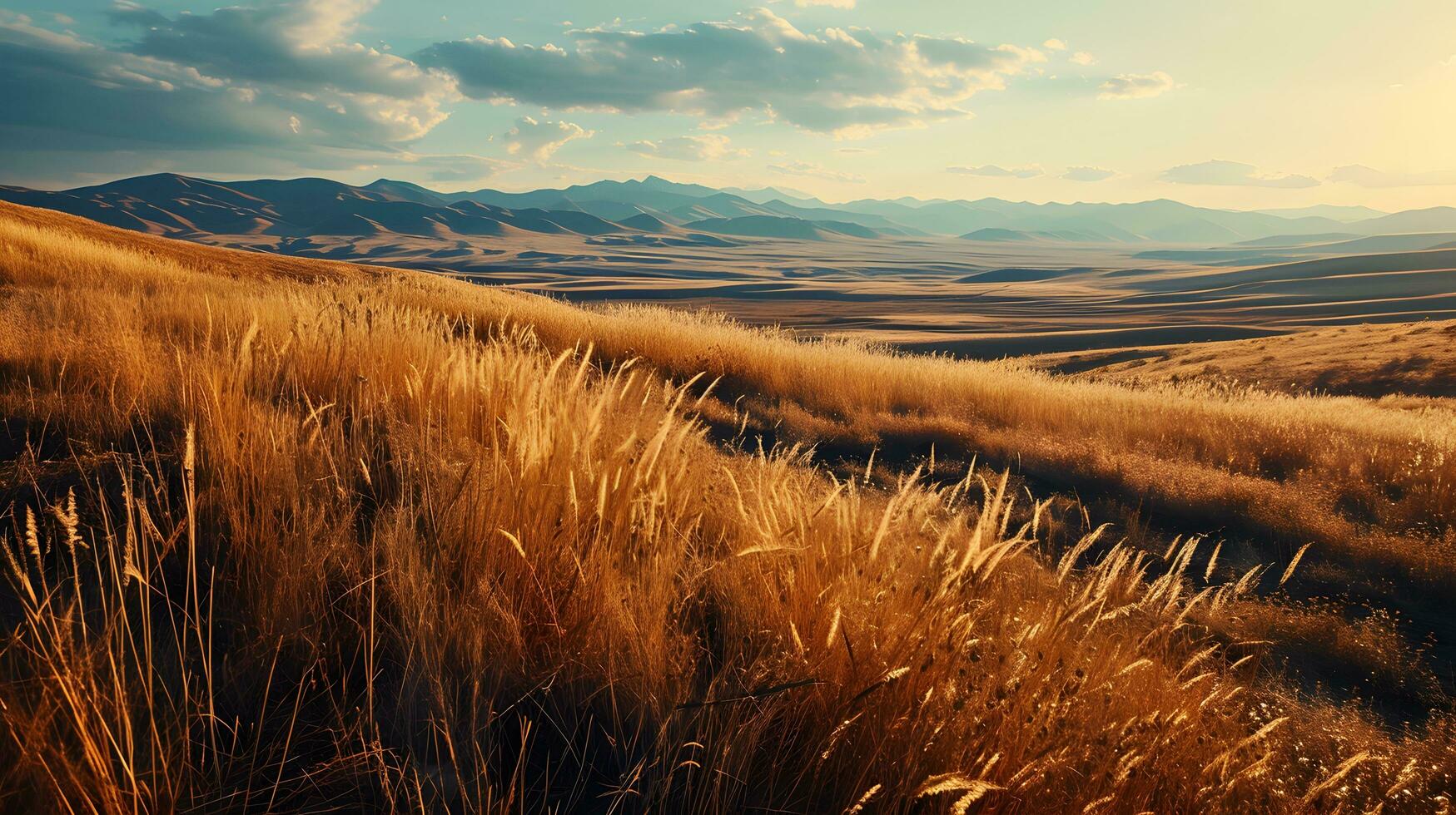 AI generated Majestic Mountain View with Golden Grassland Foreground photo