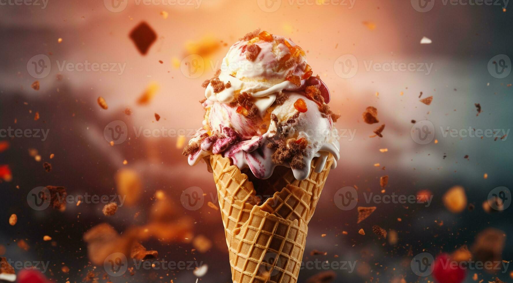 AI generated sweet ice cream on abstract background, colored delicious ice cream on background, colored background, ice cream on colorful background photo