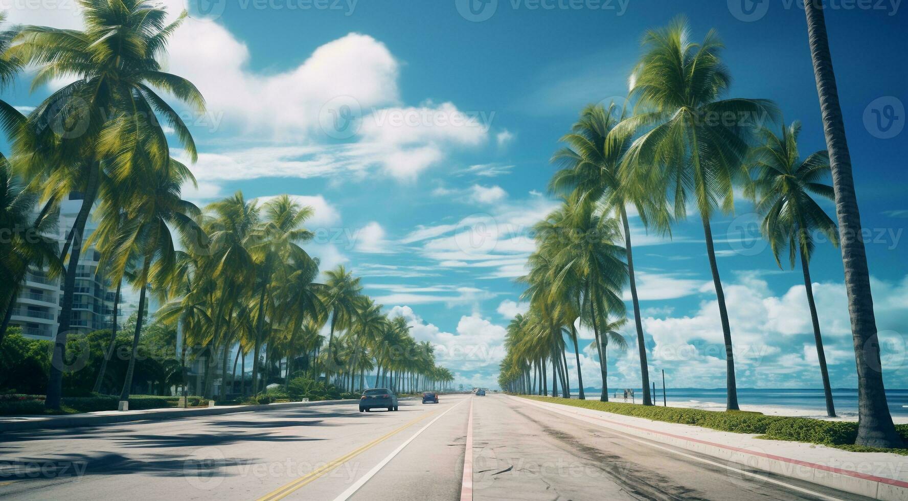 AI generated miami beach scene, miami street with palms, palms in the miami photo