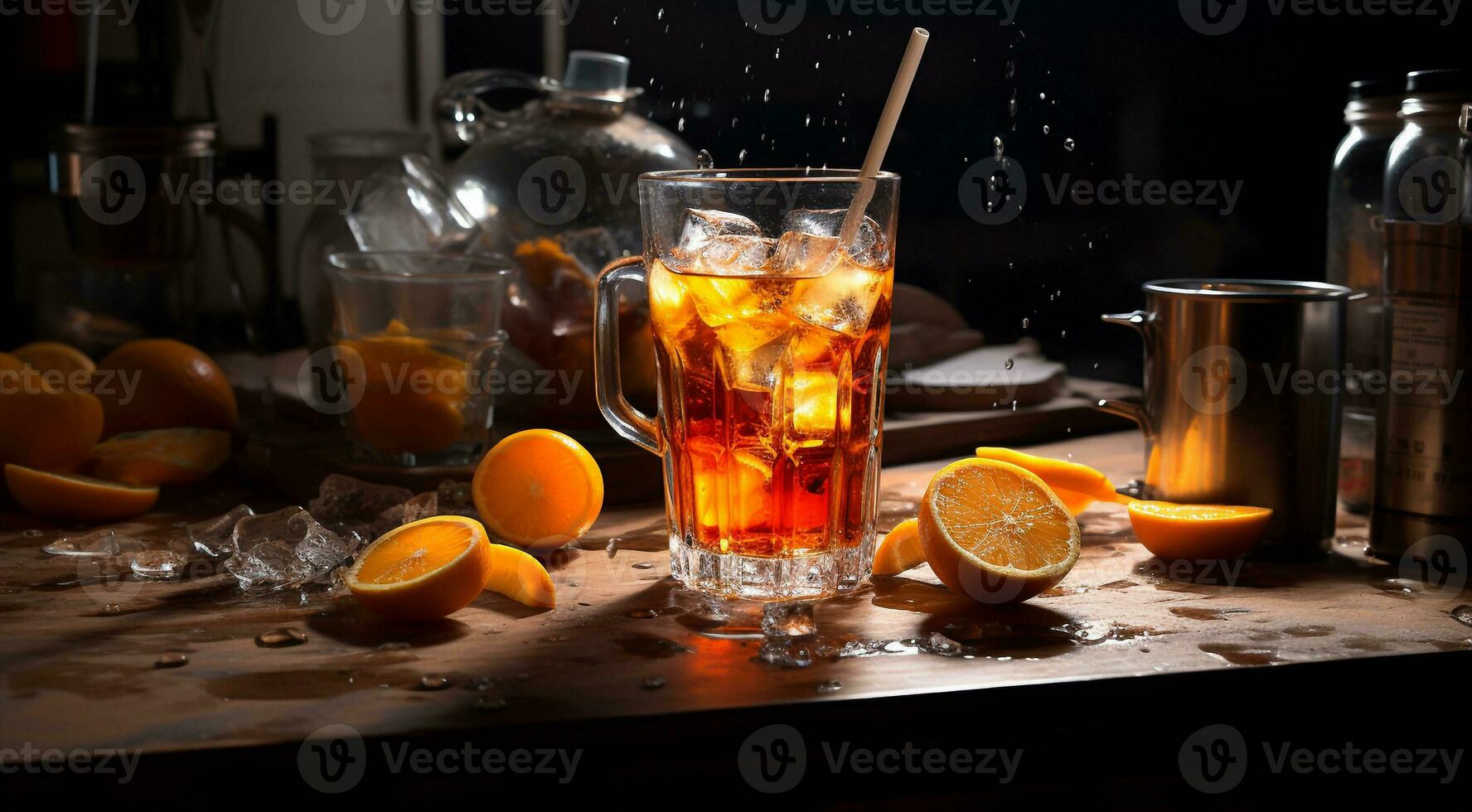 AI generated glass of alcoholic drink on the table with ice, alcoholic drink, alcoholic background, alcohol drink with ice on table photo