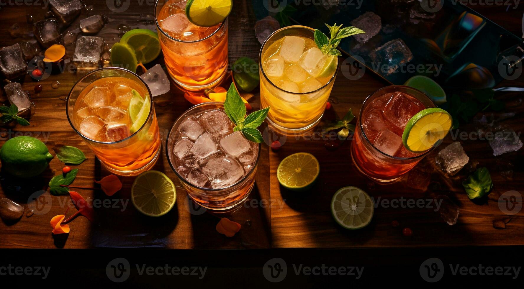 AI generated glass of alcoholic drink on the table with ice, alcoholic drink, alcoholic background, alcohol drink with ice on table photo