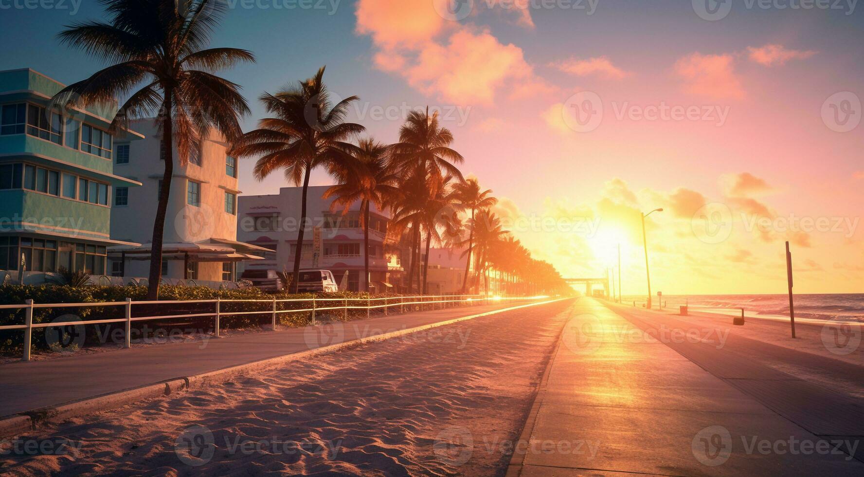 AI generated miami beach scene, miami street with palms, palms in the miami photo