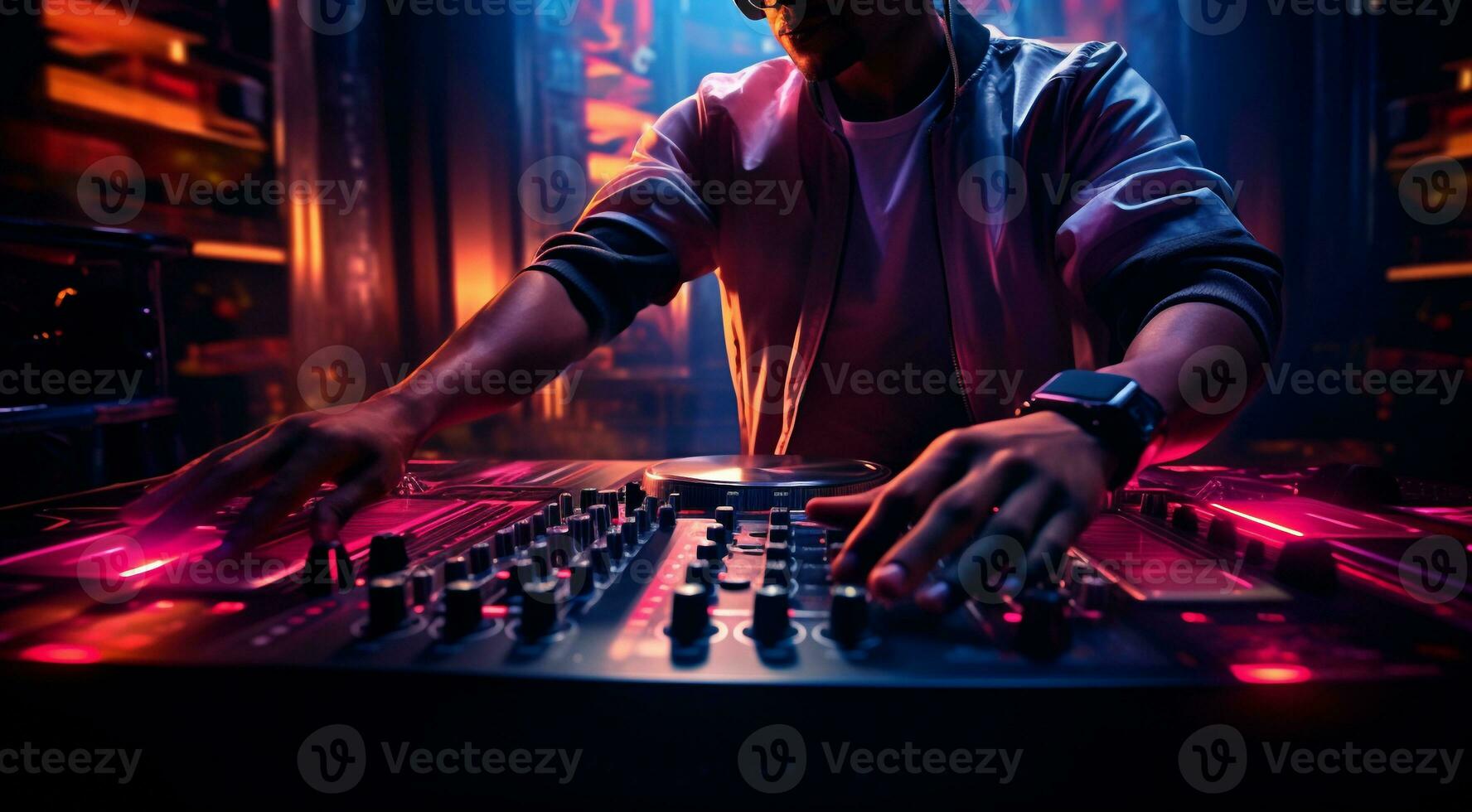 AI generated dj in action, dj at work, dj is mixin music, close-up of dj photo