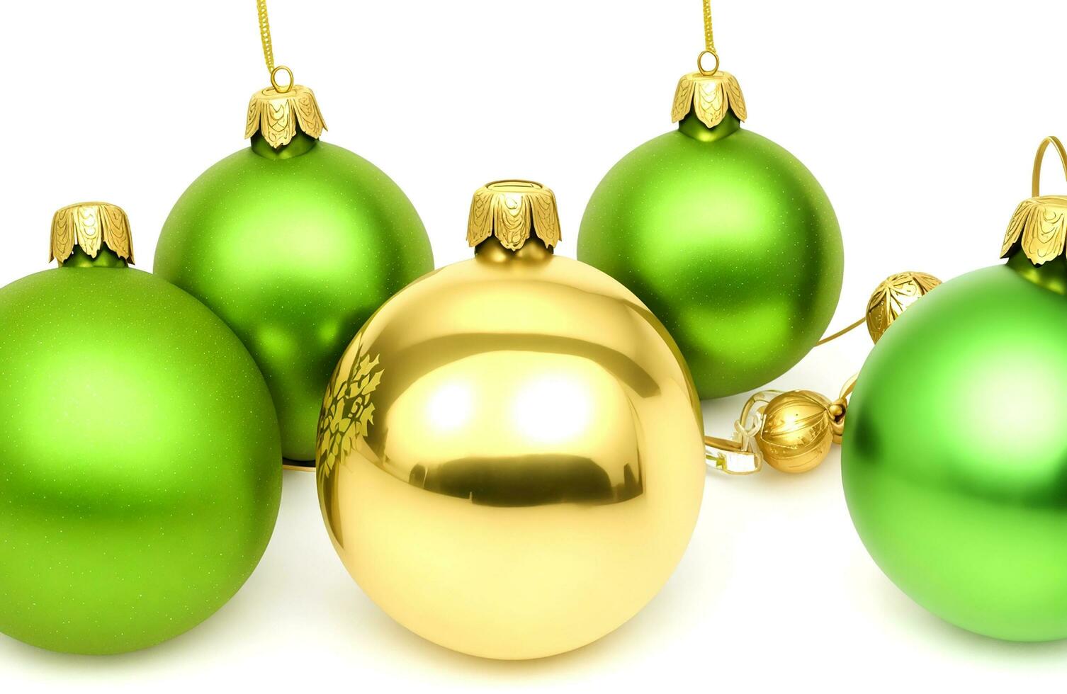 AI generated Green, gold and clear Christmas baubles over white background photo
