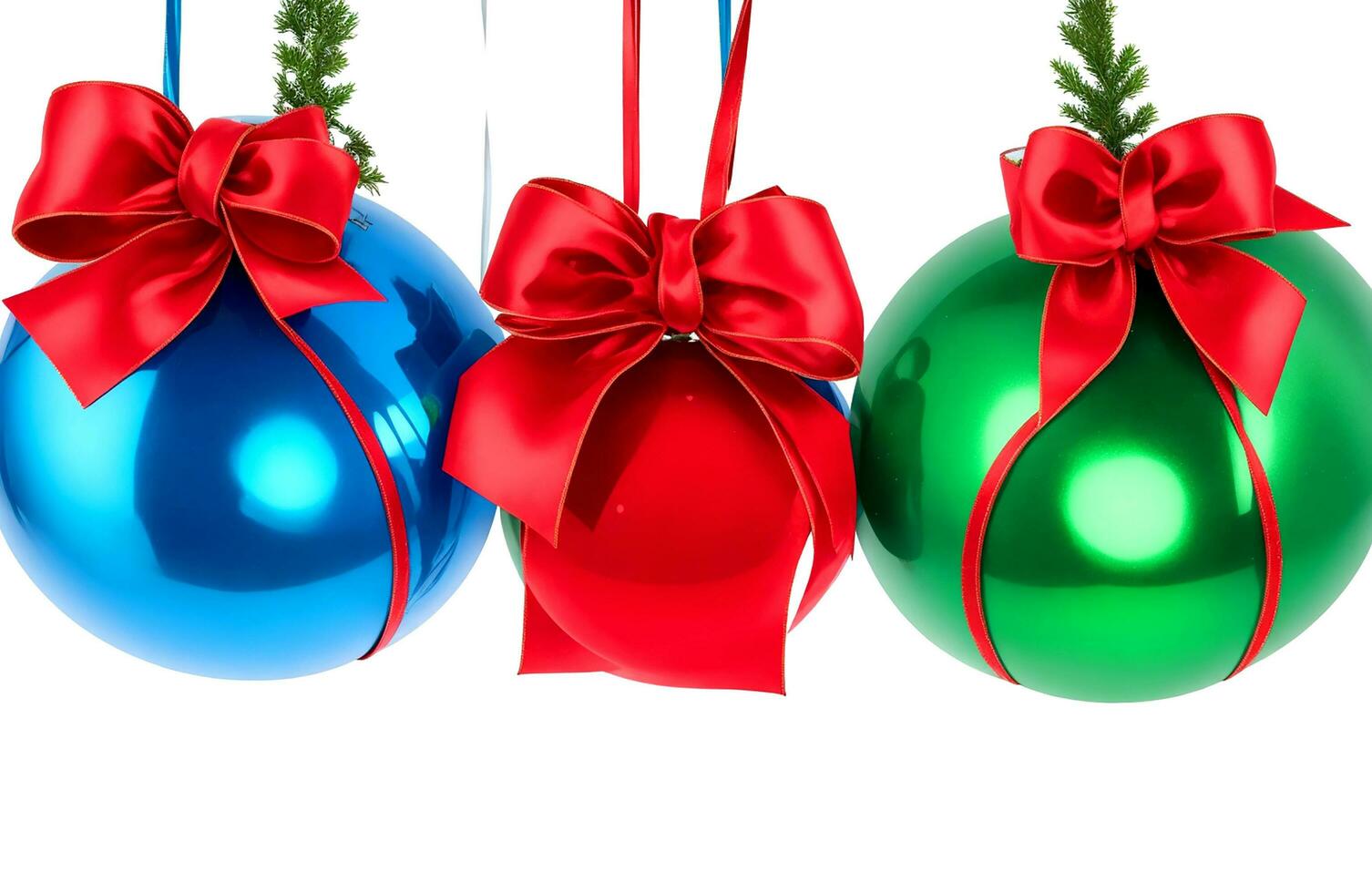 AI generated Green, red, blue and clear Christmas baubles hanging from ribbon and bow over white background photo