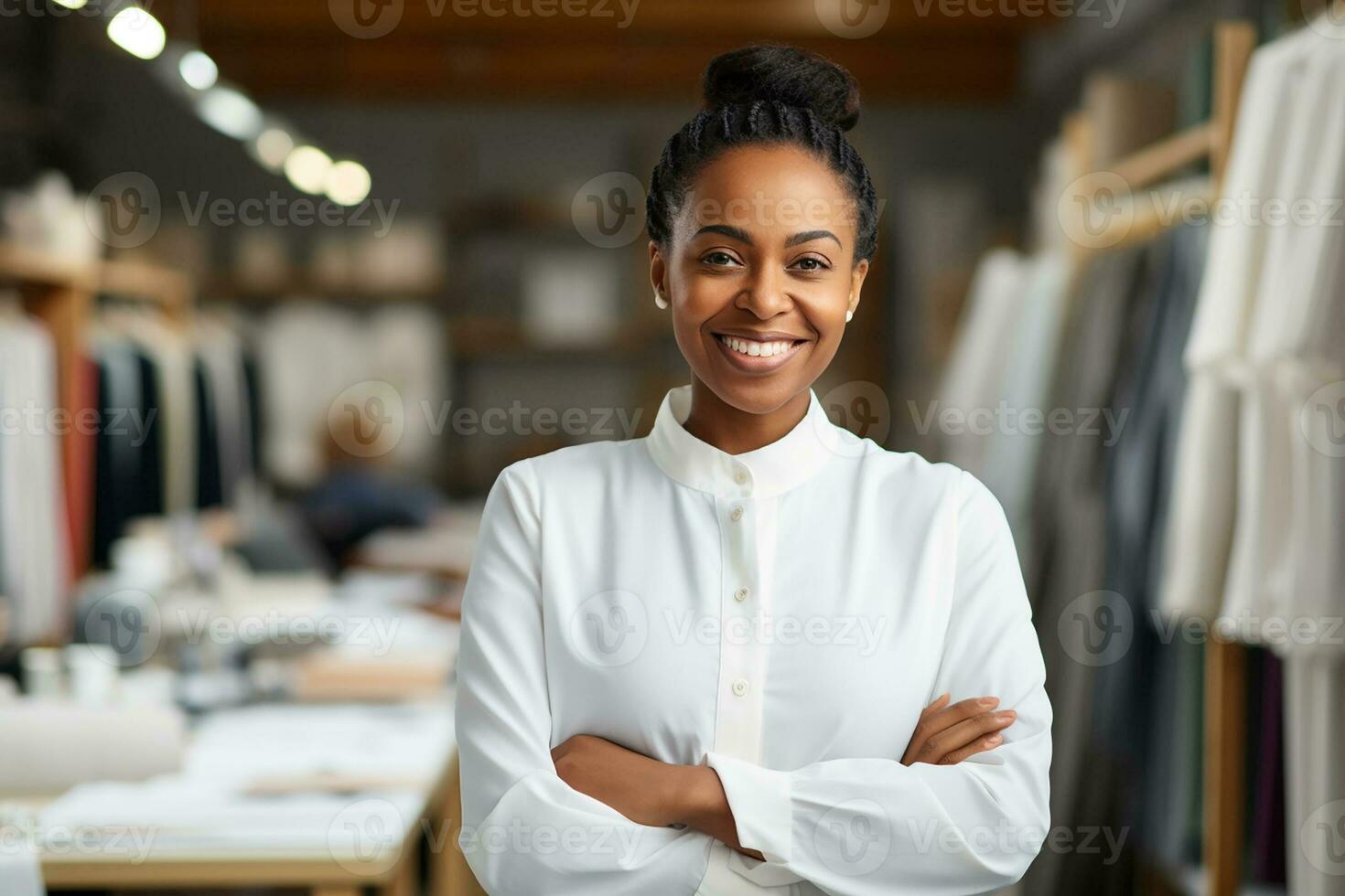 AI generated Portrait of successful and happy businesswoman, office worker smiling and looking at camera, working inside modern office. photo