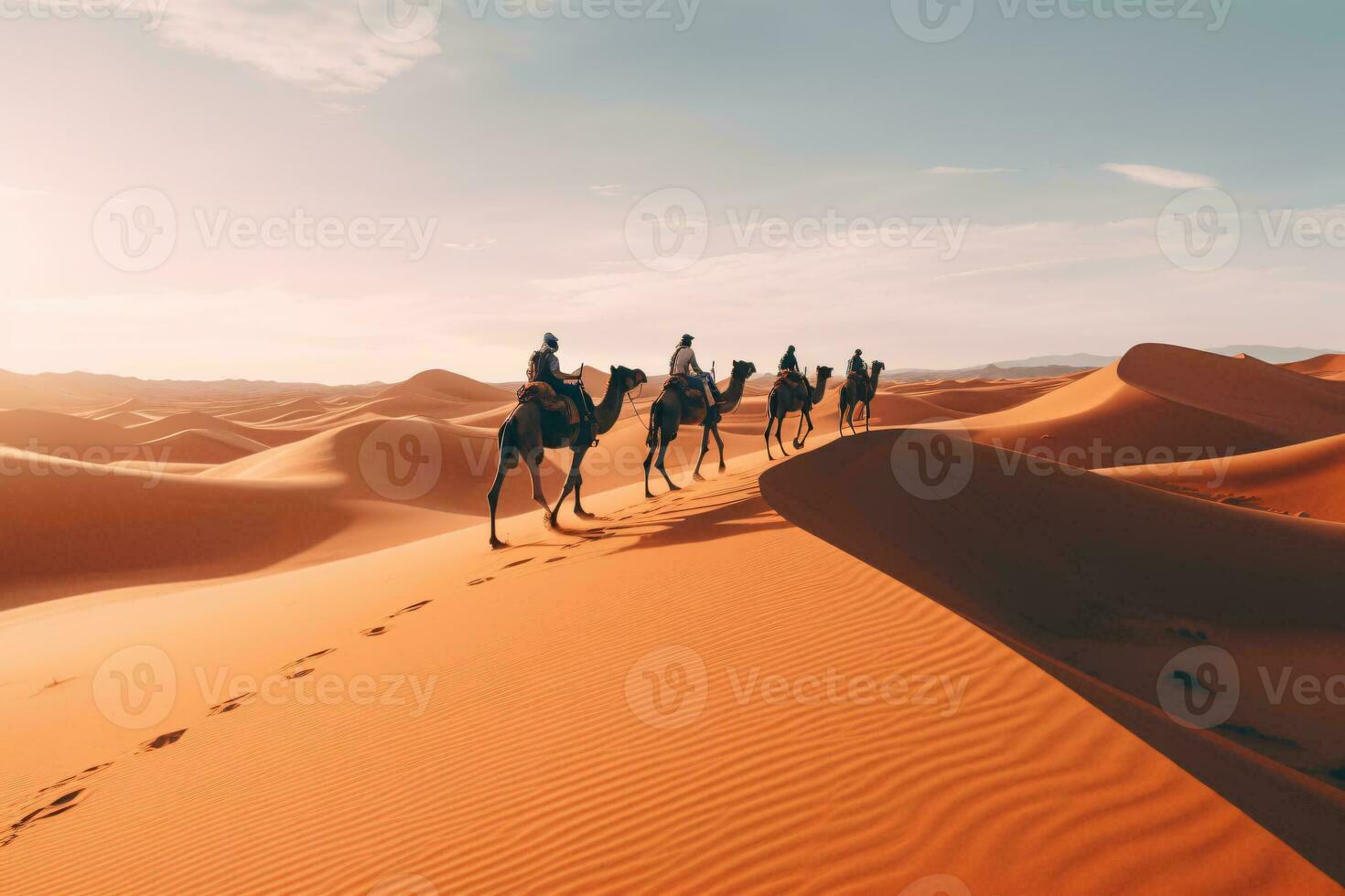 AI generated Vertical shot of people riding camels on a sand generative ai photo