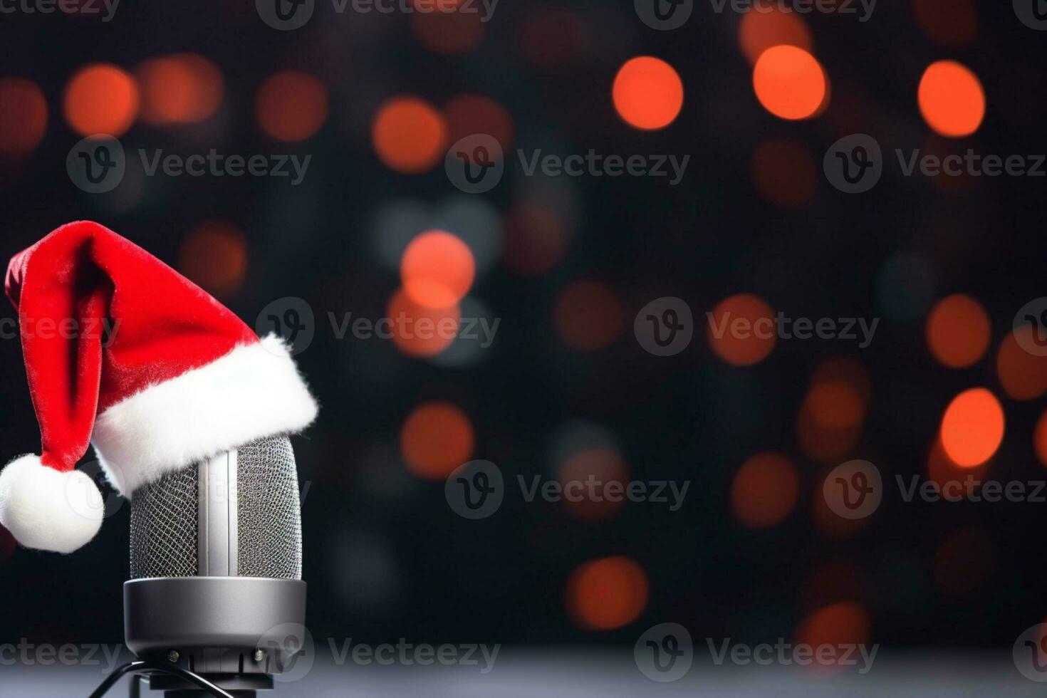 AI generated Microphone with santa hat and decorations on wooden table against red background photo