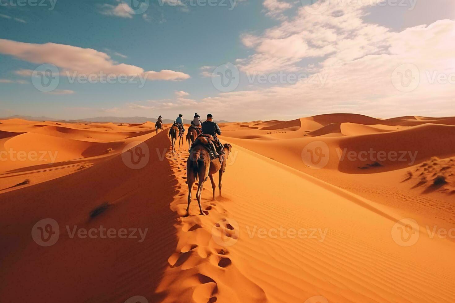 AI generated Vertical shot of people riding camels on a sand generative ai photo