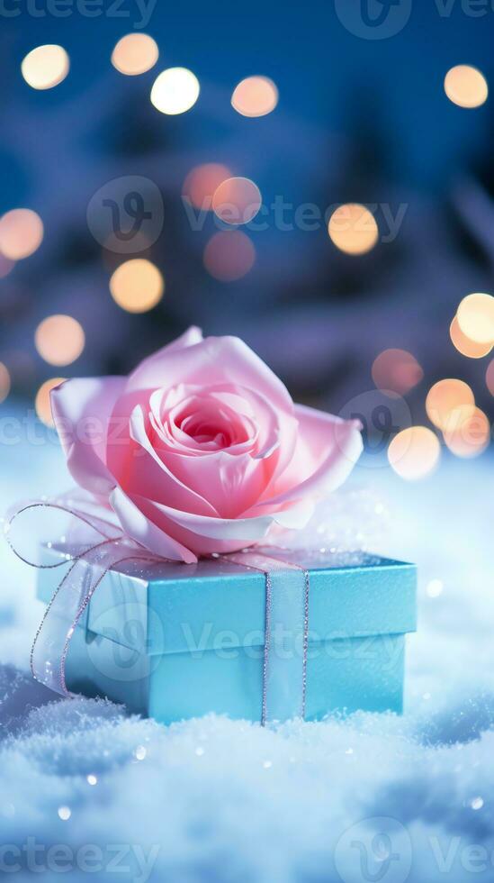 AI generated Pink rose and a blue gift box with white bow. Happy Valentine's Day greeting card concept. AI generated image photo