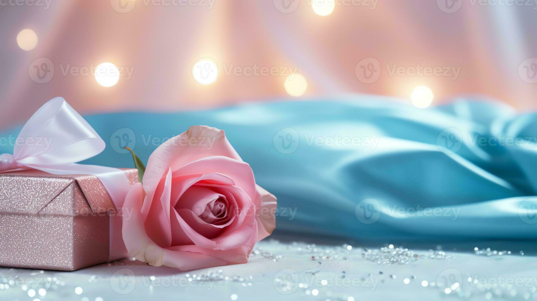 AI generated Pink rose and a blue gift box with white bow. Happy Valentine's Day greeting card concept. AI generated image photo