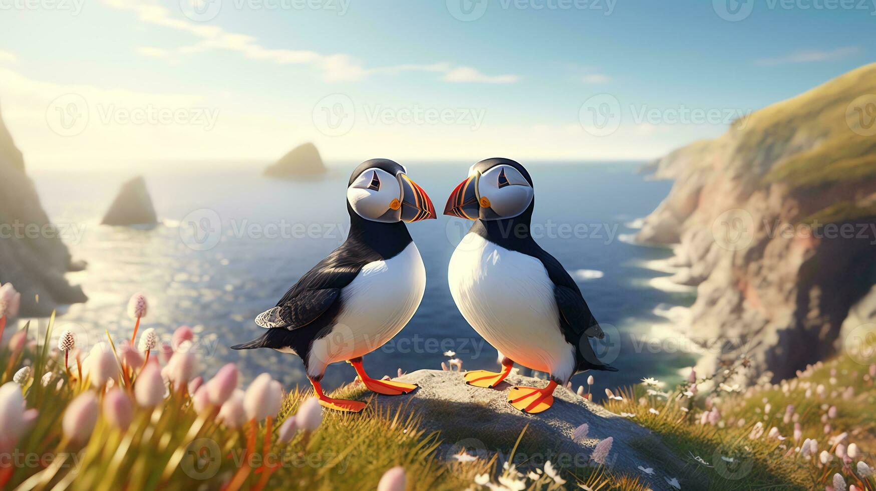 AI generated Two super cute puffins bird couple in love. AI generated image photo