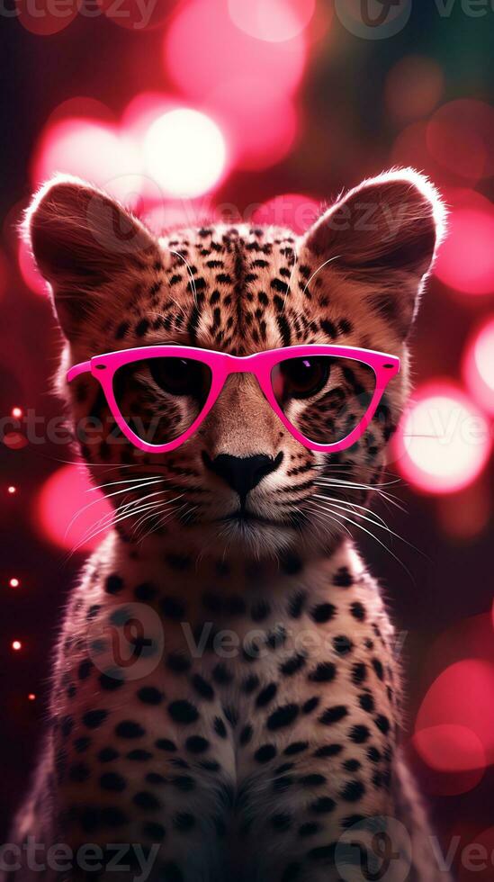 ai generado súper linda leopardo en amor vistiendo corazón forma rosado lentes. contento San Valentín día saludo tarjeta concepto. ai generado imagen foto