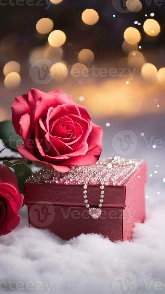 AI generated Pink rose and a red velvet jewellery box. Happy Valentine's Day greeting card concept. AI generated image photo