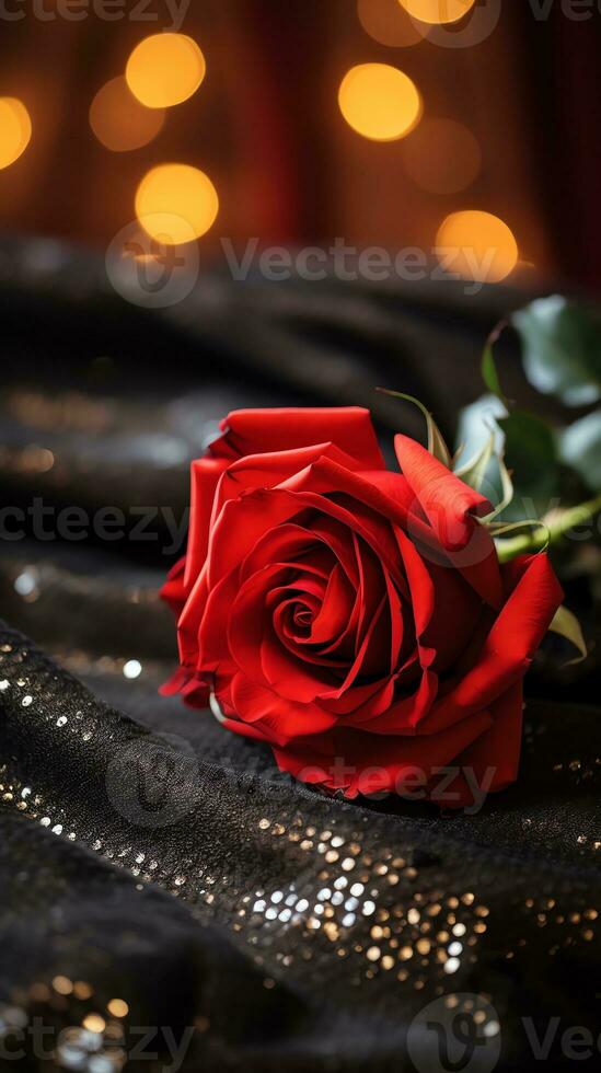 AI generated Red rose on the silk bedsheet. Happy Valentine's Day greeting card concept. AI generated image photo