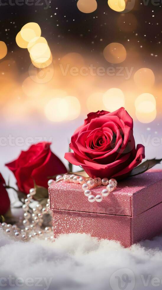 AI generated Pink rose and a red velvet jewellery box. Happy Valentine's Day greeting card concept. AI generated image photo