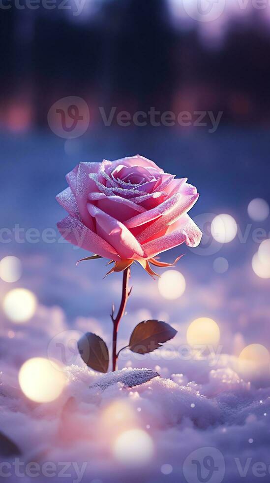 AI generated Pink rose and a red velvet jewellery box. Happy Valentine's Day greeting card concept. AI generated image photo